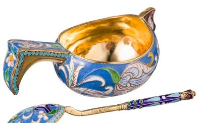 A Russian silver-gilt and cloisonné-enamelled kovsh and tea spoon, modern