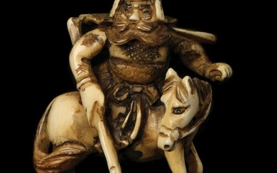A SAMURAI ARMED WITH A SPEAR MOUNTED ON A HORSE'S BACK