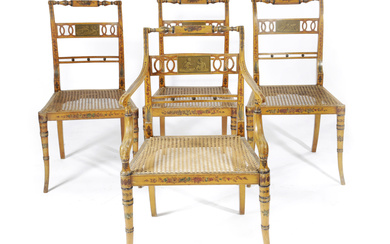 A SET OF FOUR REGENCY PAINTED DINING CHAIRS...
