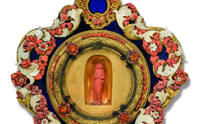 A SICILIAN GILT-COPPER, BLUE GLASS, CORAL AND MOTHER-OF-PEARL-SET RELIQUARY