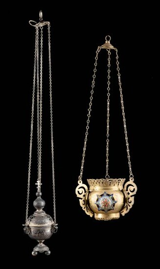 A SILVER THURIBLE AND AN ICON LAMP Russian, circa 1900