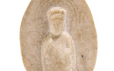 A SMALL WHITE MARBLE STELE OF A BODHISATTVA.