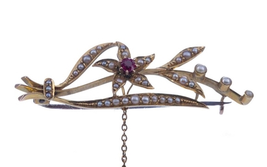 A SYNTHETIC RUBY AND SEED PEARL FLORAL SPRAY BROOCH