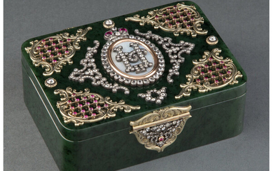 A Spinach Jade, 14K Gold, Diamond, Guilloché Enamel, and Cabochon-Mounted Box in the Manner of Fabergé, (late 20th century)