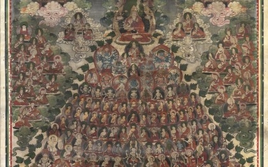 A Tibetan thangka of the Gelugpa refuge tree. 19th century Framed. Visible image 37.5×28 cm.