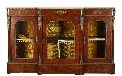 A VICTORIAN MARQUETRY INLAID WALNUT BREAKFRONT SIDE CABINET with...