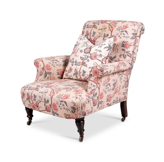 A VICTORIAN WALNUT AND UPHOLSTERED ARMCHAIR, LATE 19TH CENTURY
