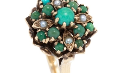 A VINTAGE 9CT GOLD TURQUOISE AND PEARL RING; princess style cocktail ring set with cabochon turquoise and seed pearls, size R, wt. 5...