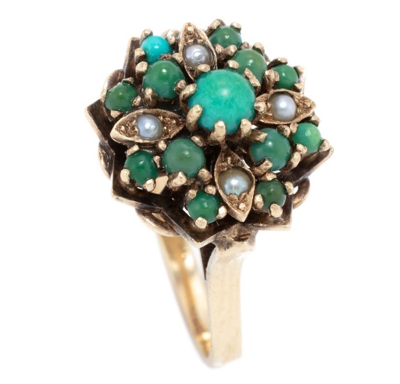 A VINTAGE 9CT GOLD TURQUOISE AND PEARL RING; princess style cocktail ring set with cabochon turquoise and seed pearls, size R, wt. 5...