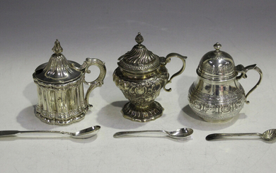 A Victorian silver mustard of tapering low-bellied form with domed hinged lid and knop finial, decor