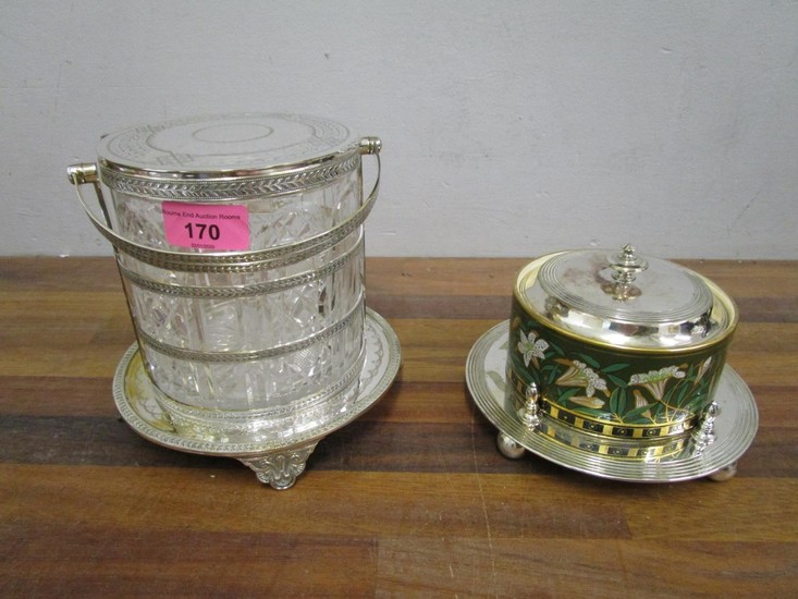 A Victorian silver plated and cut glass biscuit barrel, and ...