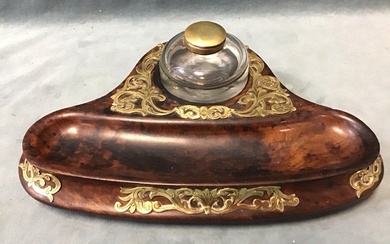 A Victorian walnut & brass mounted inkstand with circular glass...