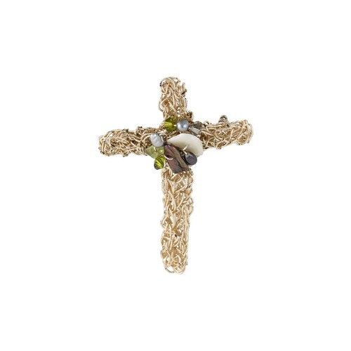 A WIRE WORK CROSS, set with gem stones
