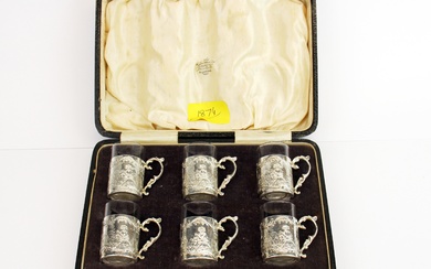 A continental cased set of hallmarked silver and glass spirit cups c.1874. cup H. 4.5cm