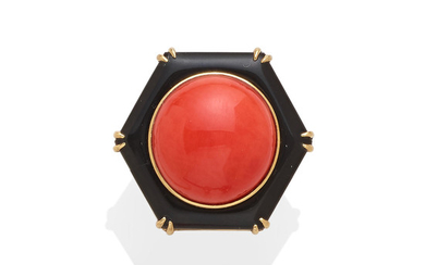 A coral, onyx and diamond ring