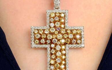 A diamond and coloured diamond cross pendant, with 18ct gold chain.