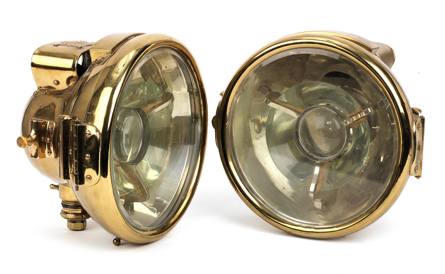 A fine pair of large Bleriot acetylene headlamps, patented 1904