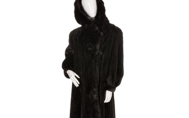 A full-length black mink hooded coat, featuring hook and eye...