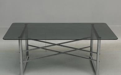 A glass and chromed metal coffee table, later half of the 20th century.