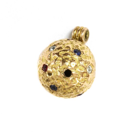 A gold ruby, sapphire and diamond set globe locket