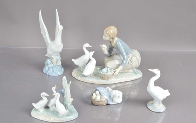 A good group of five Lladro and Nao duck, goose and geese figurines