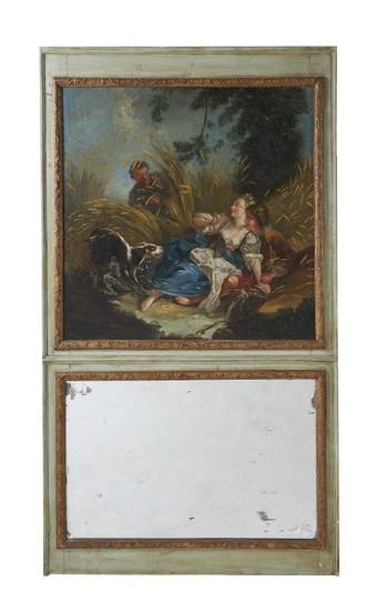 A green painted and parcel gilt trumeau mirror in 18th century style