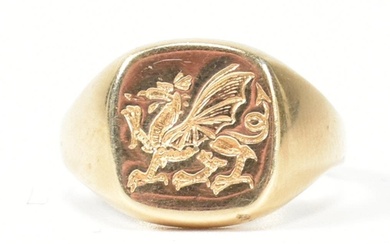 A hallmarked 9ct gold signet seal ring with dragon intaglio....
