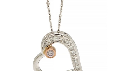 A heart shaped pendant set with a brilliant-cut pink diamond and nine single-cut diamonds, mounted in 14k white gold on a 14k white gold necklace. (2)