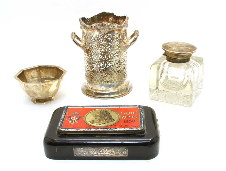 A large Edwardian crystal glass and silver mounted inkwell