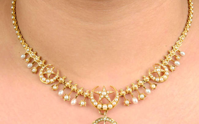 A late Victorian gold split pearl and seed pearl crescent moon and stars necklace, with near-period old-cut diamond split pearl drop.