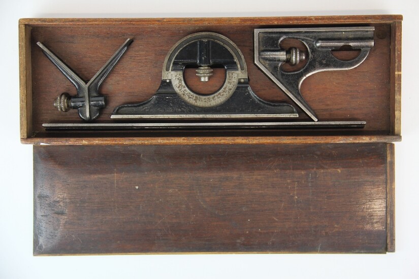 A mahogany cased L.S. Starrett Co. combination square set number 490