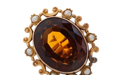 A mid 20th century gold citrine and split pearl dress ring, ...