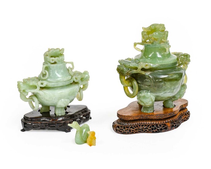 A modern Chinese jade censer and cover on wooden...
