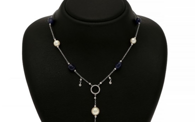 A necklace set with five sapphires, three cultured pearls and numerous diamonds, mounted in 18k white gold. L. 44.5 cm.