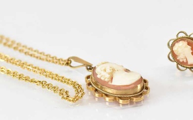 A pair of 9ct yellow gold cameo set earrings and...