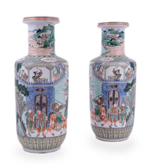 A pair of Chinese Famille Verte rouleau vases