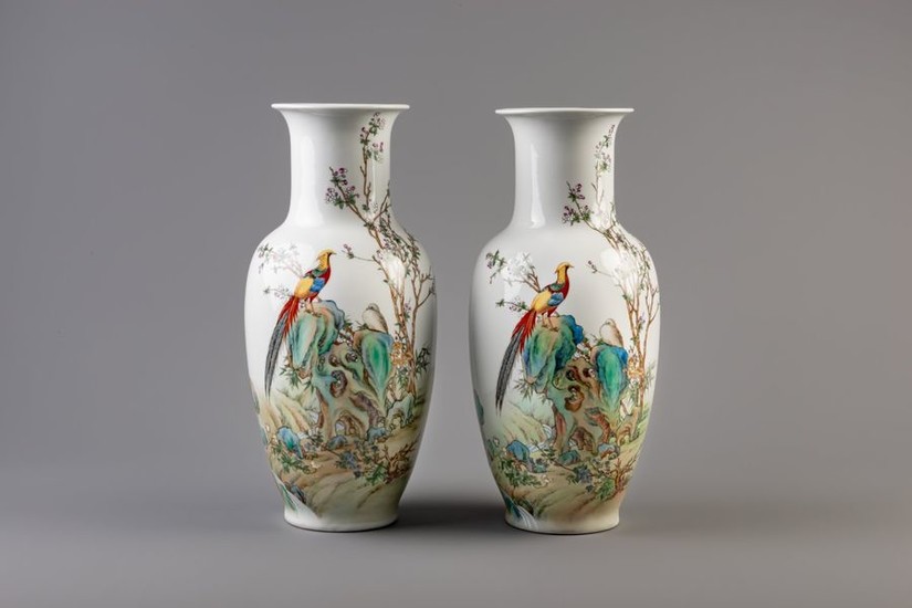 A pair of Chinese famille rose vases with birds, 2…