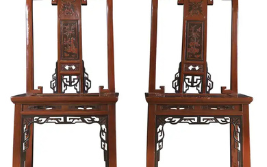 A pair of Chinese red painted hall chairs Republic period The central...
