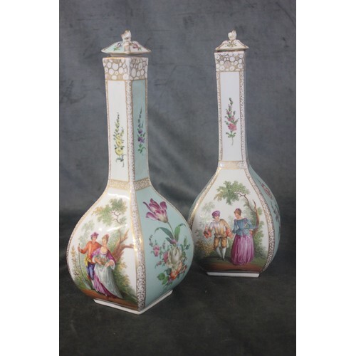 A pair of Dresden porcelain square slender neck vases, decor...