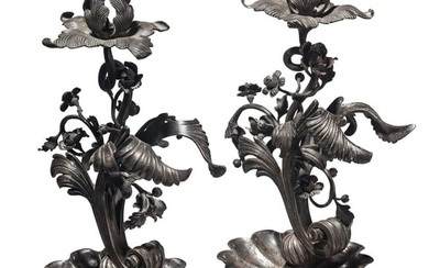 A pair of German wrought iron candlesticks in Baroque style, circa 1880