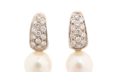 A pair of cultured pearl, diamond and 14k white gold earrings