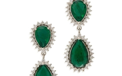 A pair of emerald, diamond, and eighteen karat white...