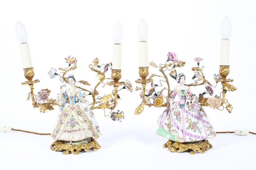 A pair of gilt metal and Continental porcelain twin-light candelabra