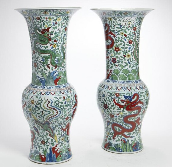 A pair of large Chinese polychrome porcelain vases