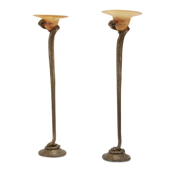 A pair of modern Cobra style floor lamps after a design by Edgar Brandt second half 20th century