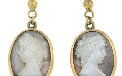 A pair of mother-or-pearl cameo drop earrings.