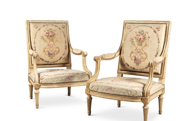 A pair of parcel gilt white painted armchairs, stamped G. Jacob, Louis XVI, circa 1780 | Paire de fauteuils en bois laqué blanc et rechampi or d'époque Louis XVI, estampillés G. Jacob, vers 1780