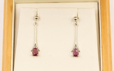 A pair of ruby and 9ct white gold drop earrings,...