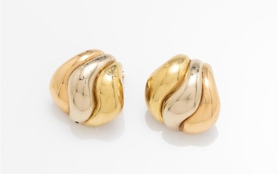 A pair of tri-tone 18ct gold clip on earrings, wt....
