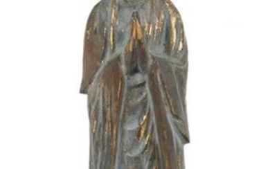 A patially gilt carved wood standing figure of Buddha.